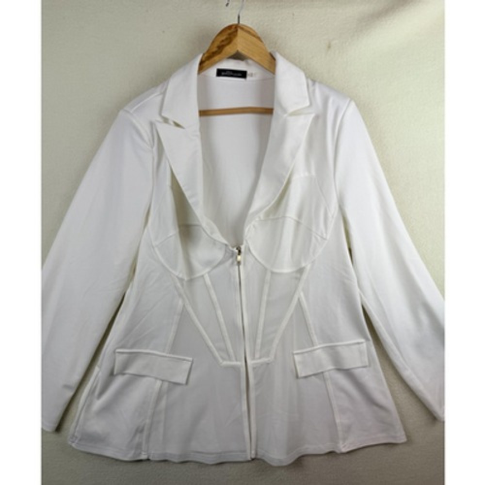 Goodtimeusa White Knit Blazer Jacket Womens 2XL Zip Front Corset Mesh 40017X